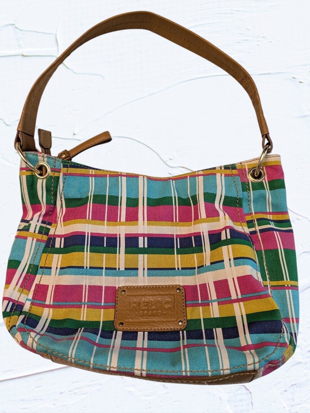 Relic by Fossil Colorful Plaid Canvas Shoulder Bag Y2K Spring Summer Hobo